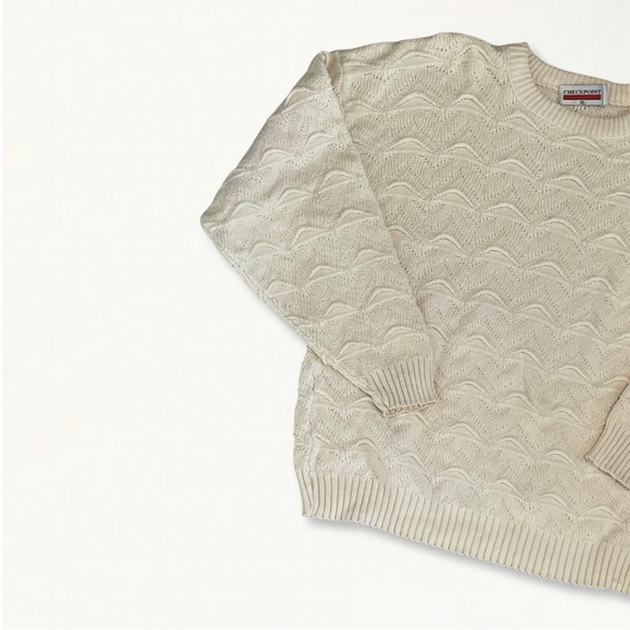 Vintage 80s 90s Checkpoint 3D Textured Chunky Knit Crewneck Sweater Cream - Picture 2 of 12